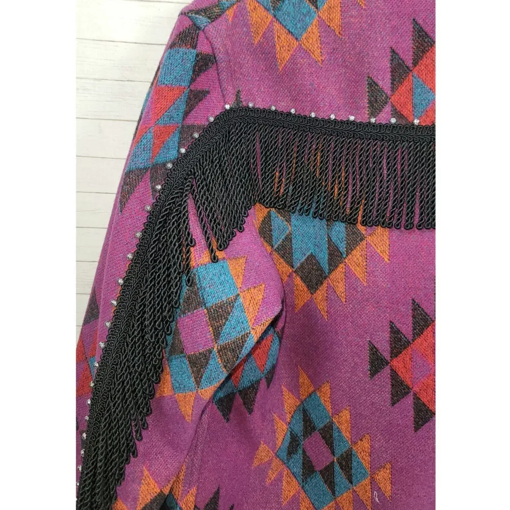 VINTAGE WOOL BLEND AZTEC PRINT BUTTON UP JACKET W FRINGE DETAIL, SZ LARGE